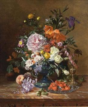 A still life with flowers and fruit